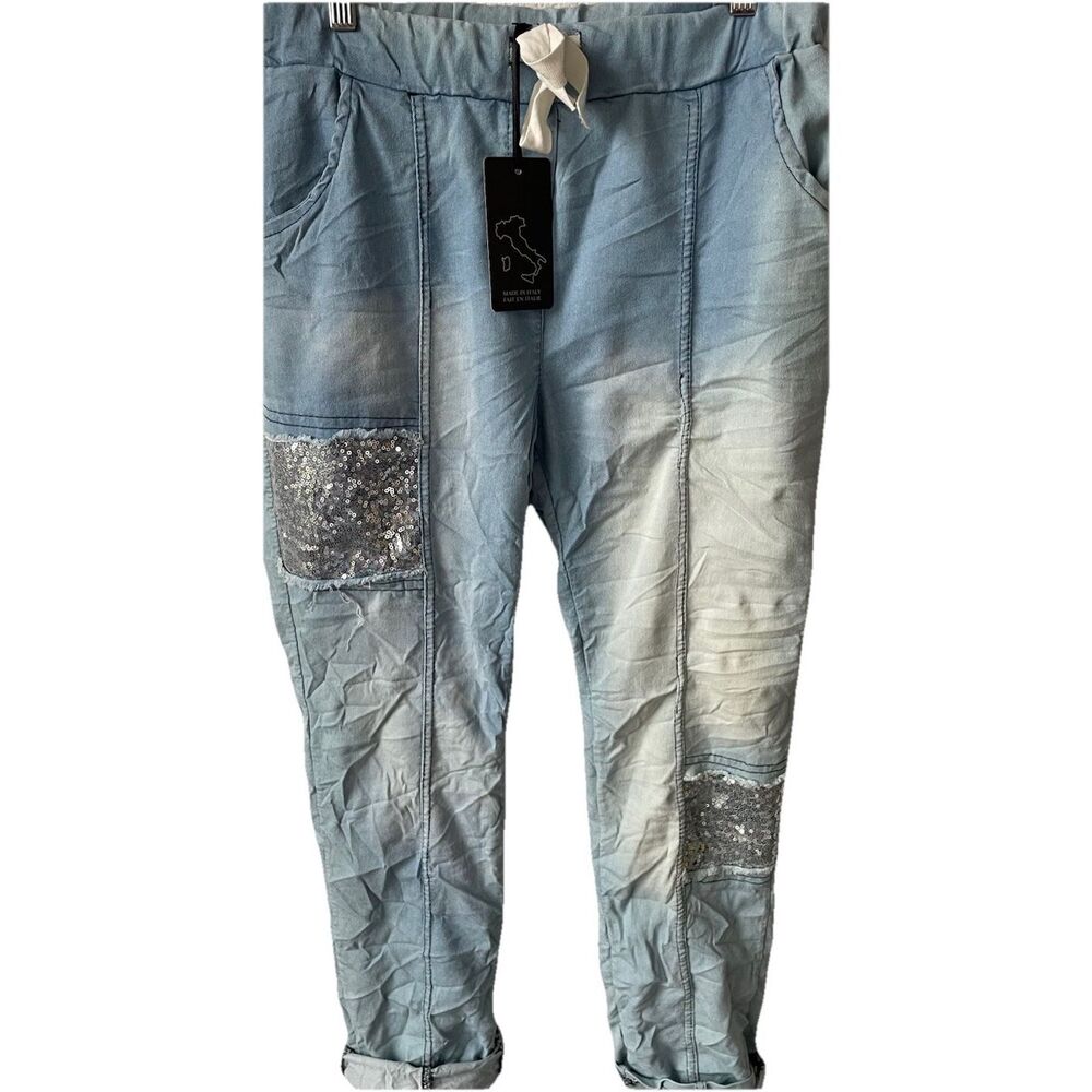 NWT'S Bella Amore Jogger Pants Pull On  W Silver Sequin Patches  L/XL